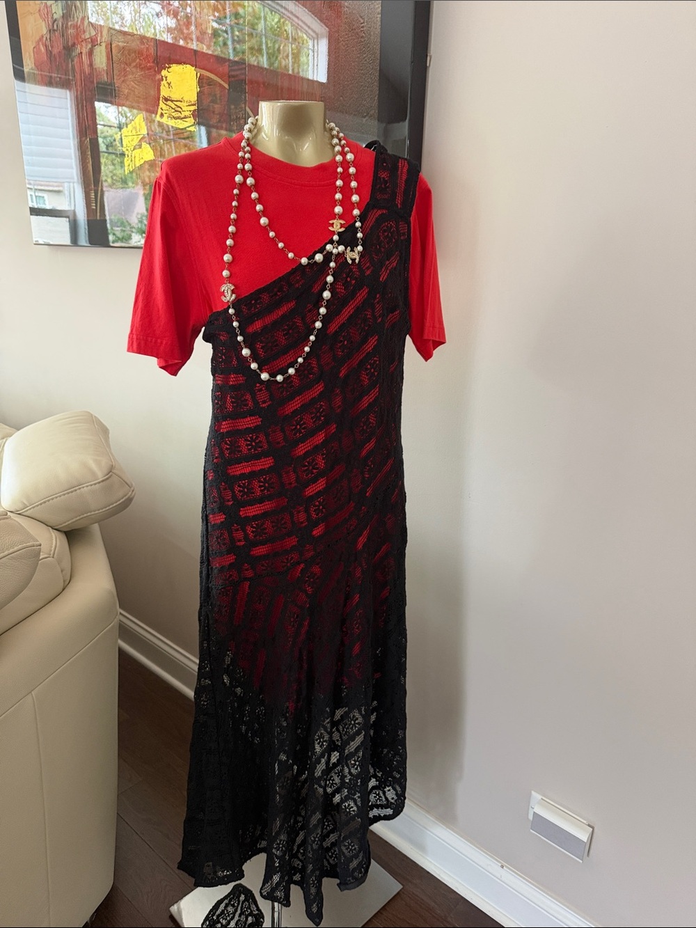 Alexander McQueen Red Tee with Black Lace Asymmetrical Overlay Dress